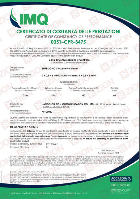 n&deg; 0051-CPR- 3475 HANGZHOU ZION Cca S1a,do,a1-Control and Communication cable