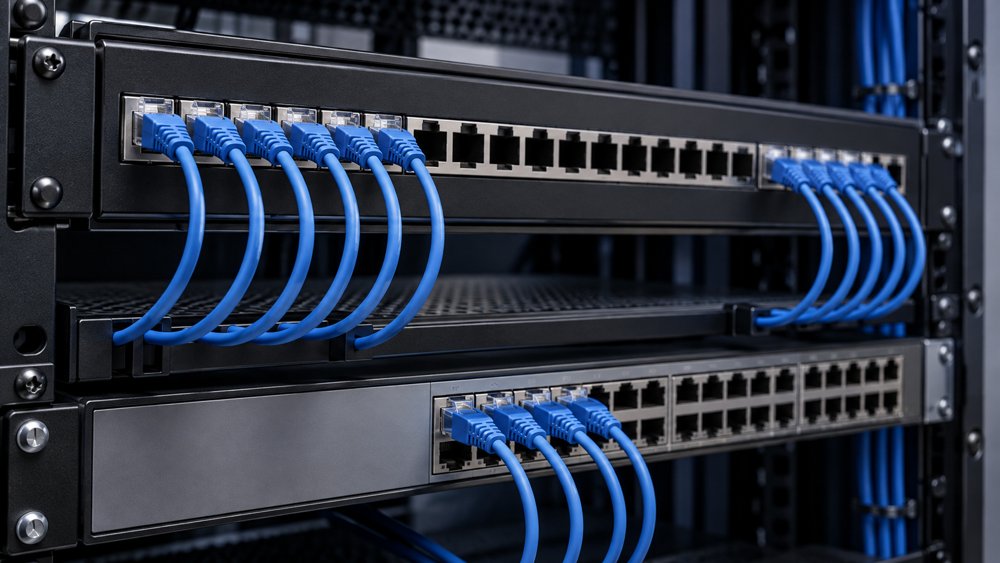 Thin blue slim Ethernet patch cords in a high-density network rack