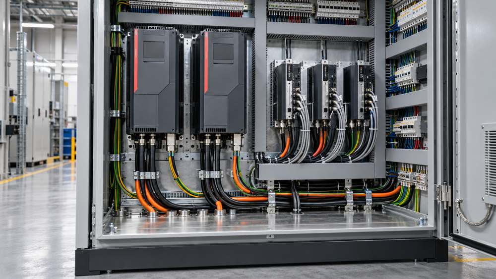 Industrial control cabinet with VFDs, servo drives, and organized cable routing