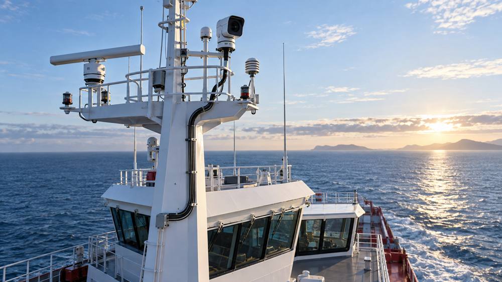 Shipboard mast cameras and sensors above the bridge at sea
