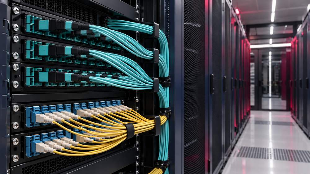 High-density fiber patch panels and organized cabling in a data center aisle