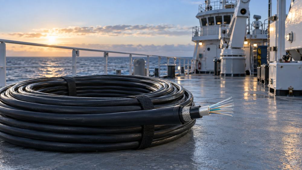 Marine fiber optic cable prepared for installation on a commercial vessel