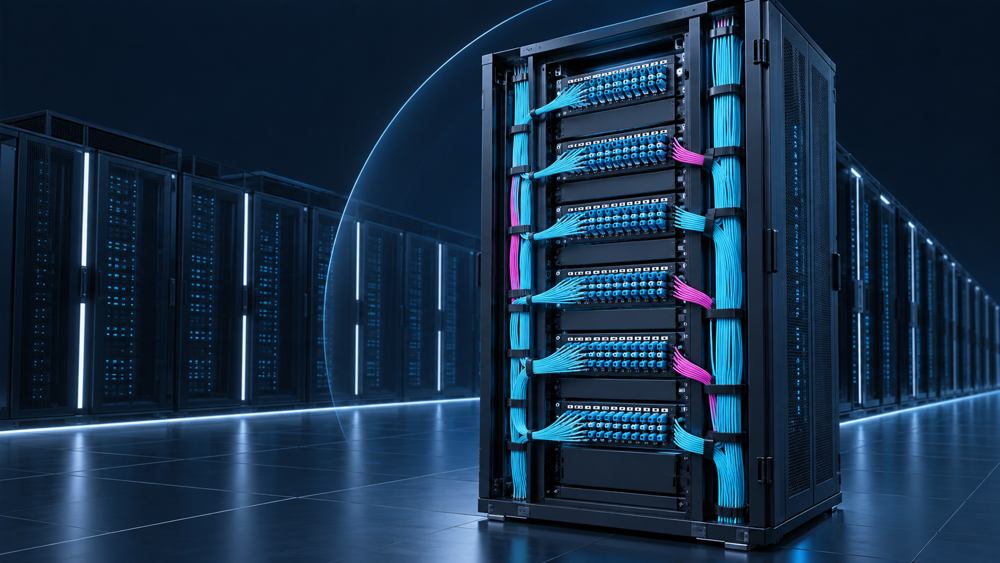Conceptual high-density fiber distribution rack with organized cabling in a data center