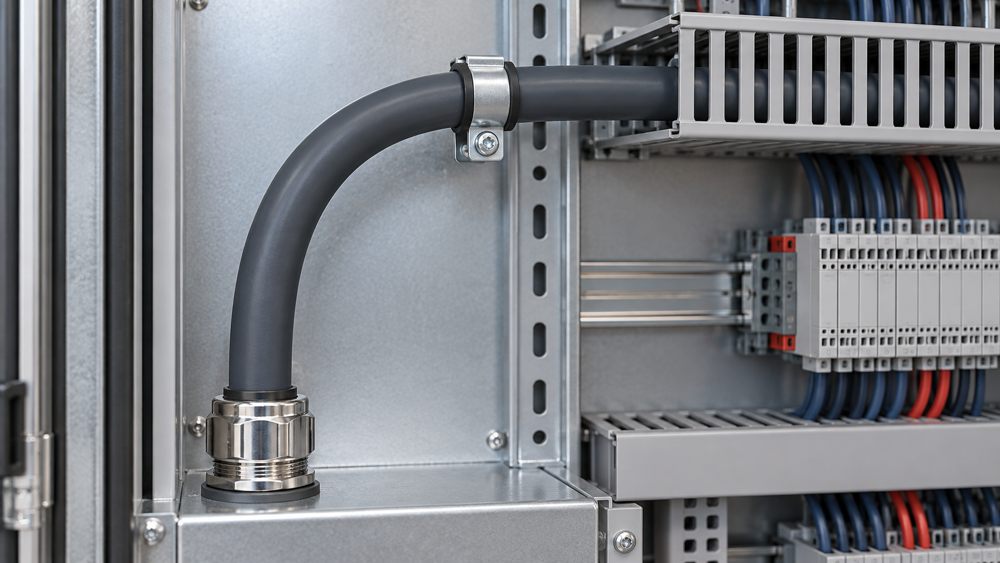 Control cable forming a smooth bend inside an industrial cabinet