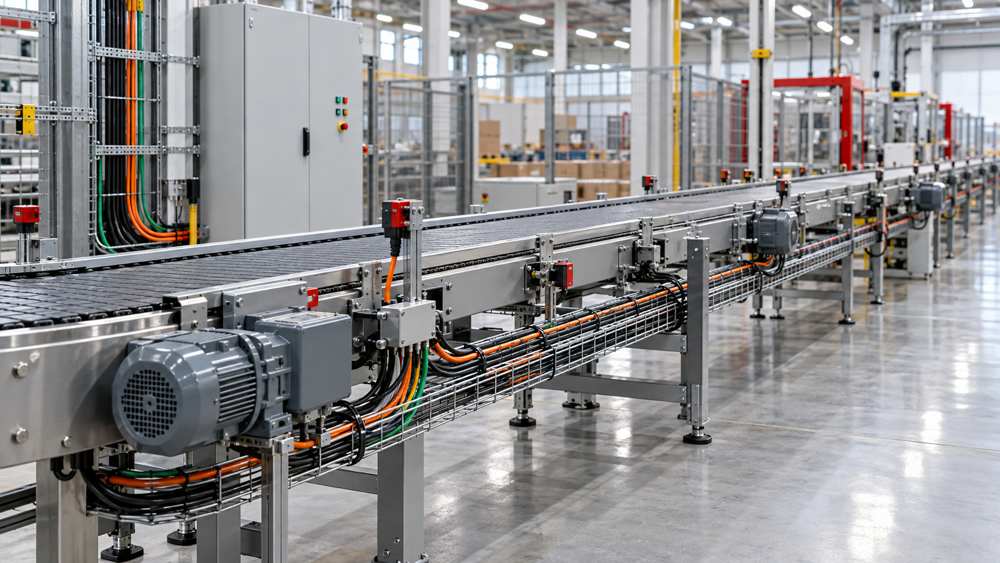 Industrial conveyor system with organized control cable trays and motor connections